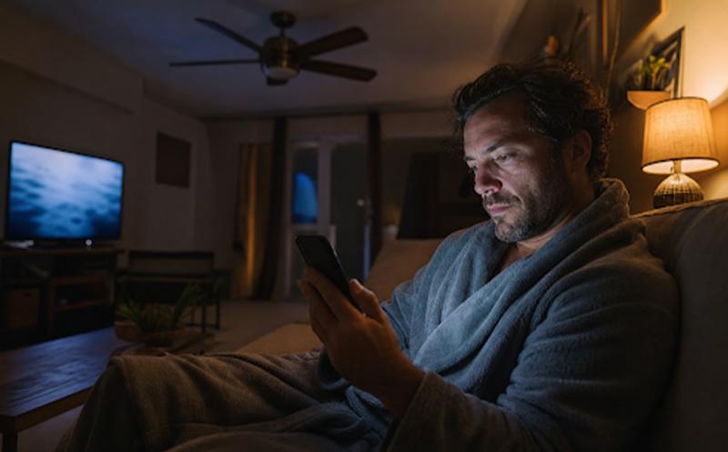 A man in a bathrobe lounges on a couch at home, lit by the glow of the phone in his hand.